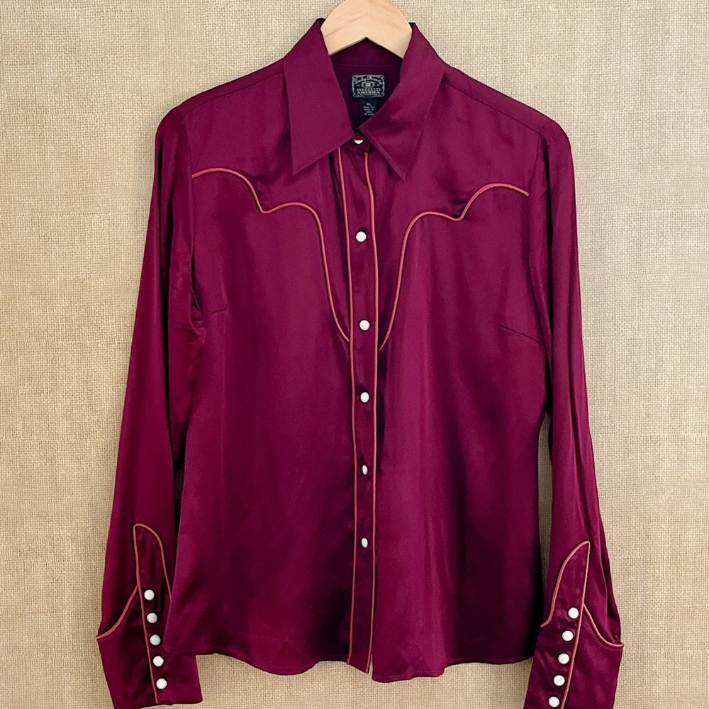 Lucky Brand Western Silk Shirt XL Cowgirl Pearl Snap Front Southwest Ranch Red